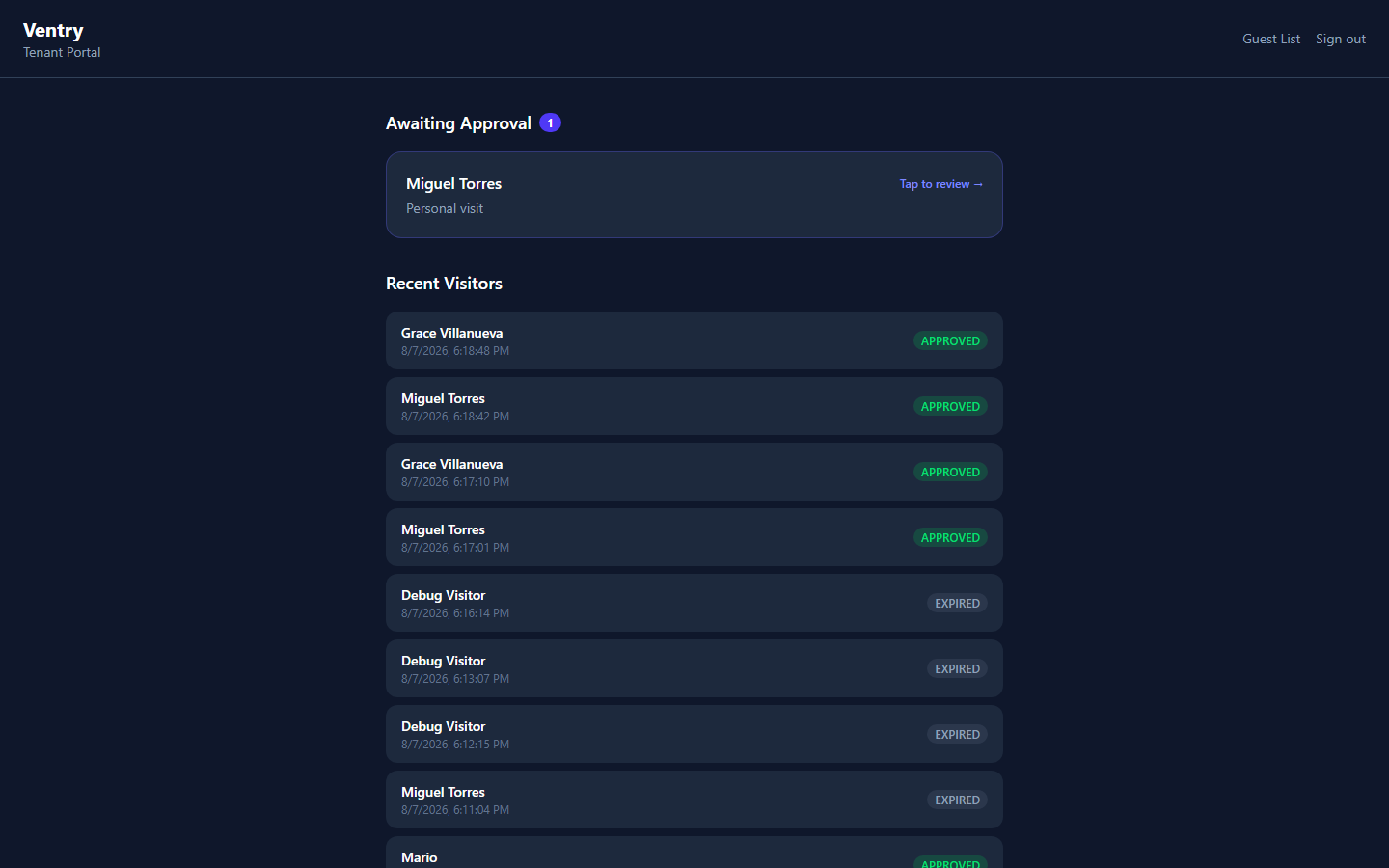 Tenant dashboard with a pending approval